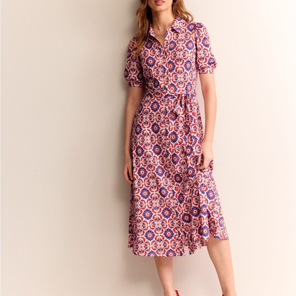 Boden Red and Blue Patterned Midi Dress